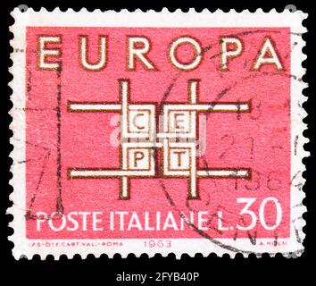 MOSKAU, RUSSLAND - 23. SEPTEMBER 2019: In Italien gedruckte Briefmarke zeigt Europa, Europa (C.E.P.T.) 1963 - Square Serie, um 1963 Stockfoto