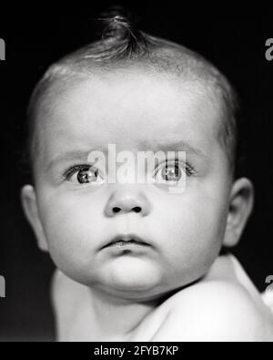 1940ER-JAHRE-PORTRÄT BABY MÄDCHEN ERNST AUFRICHTIGEN GESICHTSAUSDRUCK INTENSIV FOKUSSIERTER BLICK AUF DIE KAMERA - B1411 HAR001 HARS BLICKKONTAKT HUMORVOLLE, HUMORVOLLE, AUF KOPF UND SCHULTERN STARRENDE KOMIK, AUFRICHTIGE, FEIERLICHE KOMIK GERADLINIG BREITÄUGIG FOKUSSIERTE WACHSTUM INTENSIV UNTERBROCHEN JUGENDLICHE ERSCHRECKTE BABY MÄDCHEN SCHWARZ UND WEISS SORGFÄLTIGE KAUKASISCHE ETHNIE DIREKT ERNSTHAFT HAR001 ABSICHT ALTMODISCH Stockfoto