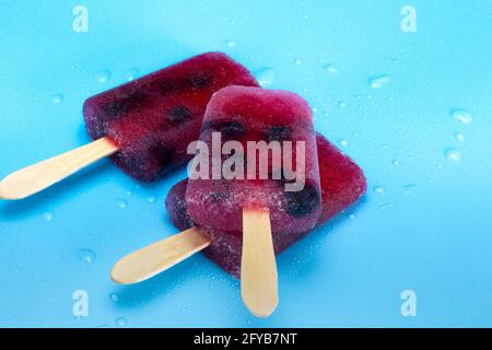Hausgemachtes gesundes Heidelbeer-Eis-Eis-Eis auf frischem blauen Hintergrund, Sommer-Design mit Kopierraum bunte helle Farben Stockfoto