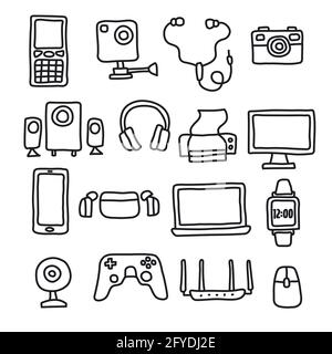 Dünne Linie Cartoon-Symbole gesetzt. Symbole für Technologie, digitale Geräte und Gadgets. Stock Vektor