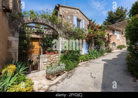 FRANKREICH, LUBERON, VAUCLUSE, 84, OPPEDE-LE-VIEUX, SCHÖNES KLEINES DORF AUF EINEM FELSIGEN AUSBISS ÜBERWUCHERT VEGETATION MIT EINER HERRLICHEN KULISSE GEBAUT, EIN Stockfoto