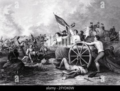 1770ER JAHRE 1778 ILLUSTRATION MOLLY PITCHER FEUERTE ARTILLERIE, DIE SIE ÜBERNAHM CANNON, ALS EHEMANN FIEL SCHLACHT VON MONMOUTH NEW JERSEY USA - Q53060 CPC001 HARS INSPIRATION VEREINIGTE STAATEN VON AMERIKA CARING MÄNNER RISKIEREN B&W NORTH AMERICA FREEDOM NORTH AMERICAN PITCHER ABENTEUER MUT TAPFERKEIT AUFREGUNG FÜHRUNG LEGENDÄRE SHE 1778 FEUERN NJ UNIFORMEN FIEL HELDIN UNTERSTÜTZEN MONMOUTH NEW JERSEY REVOLTE AMERIKANISCHEN REVOLUTIONÄREN KRIEG 1770ER JAHRE COLONIES HERO JUNI 28 MID-ADULT MID-ADULT WOMAN MOLLY RED WEISS UND BLAU STERNE UND STREIFEN ARTILLERIE SCHWARZ UND WEISS MUTIG ALTMODISCH Stockfoto