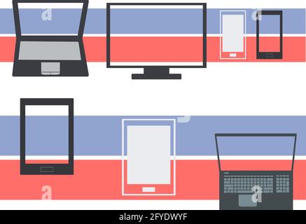 Geräte mit leerem Bildschirm Schwarz-Weiß-Tablet Laptop und Display Mockup isolierte Vektordarstellung auf farbigem Hintergrund Stock Vektor