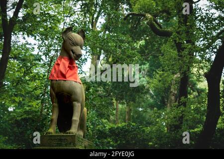 Fuchskisune-Statue im üppigen Wald am Fushimi Inari Taisha-Schrein in Kyoto, Japan Stockfoto