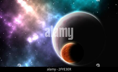 Weltraumbild des Gasriesenplaneten und seines Mondes, umgeben von Nebel, 3d-Illustration Stockfoto
