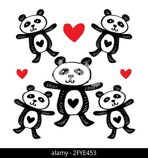 Fünf süße Panda Cartoon für Poster oder T-Shirt Textil Stockfoto