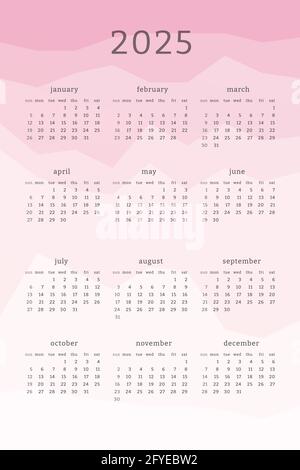Vertikaler rosafarbener Kalender für 2025 Jahre. Berge Silhouetten abstrakt Gradienten bunten Hintergrund. Kalenderdesign für Print und Digital. Die Woche beginnt am Sonntag. Stock Vektor