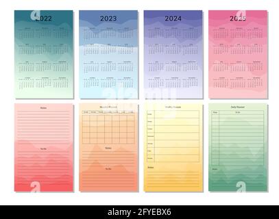 2022 2023 2024 2025 vertikaler Kalender täglich wöchentlich monatlich persönlicher Planer Zeitplan Tagebuchvorlage. Peak Silhouette abstrakt Gradienten bunten Hintergrund, Design für Druck und digital. Stock Vektor