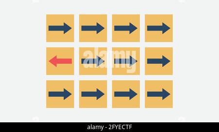 würfelblock mit rotem Pfeil in die entgegengesetzte Richtung, einzigartig, anders denken, individuell und vom Crowd-Konzept abheben Stock Vektor
