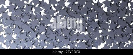 Muster der silbernen Sterne isoliert auf weißem Hintergrund. 3D-Rendering. Stockfoto