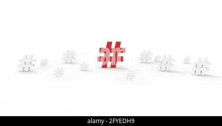 Hashtag-Symbol auf weißem Hintergrund isoliert.3D-Illustration. Stockfoto