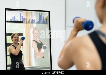 Smart Mirror Workout Und Übungsklasse. Frauen, Die Fitness Machen Stockfoto