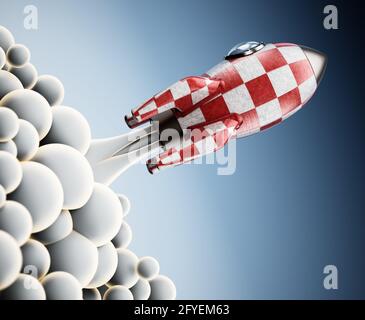 Vintage Raketenschiff startet in den Weltraum. 3D-Illustration. Stockfoto