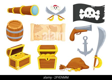 Piratenset mit witzigem Totenkopf, hölzerner Schatzkiste, Fass, Waffe, schwarzer Flagge und Karte im Cartoon-Stil auf weißem Hintergrund isoliert. Karibische Elemente, Abenteuersammlung. Schatzsuche. . Vektorgrafik Stock Vektor