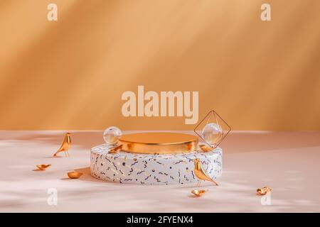 Studio mit geometrischen Formen, Podium auf dem Boden. Plattformen für Produktpräsentationen, Hintergrundmockup. Abstrakte Komposition in minimalem Design, pas Stockfoto