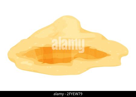 Loch in Sand mit Haufen, graben, Grube in Wüste in Cartoon-Stil isoliert auf weißem Hintergrund. Deep Earth Riss, Eingang, strukturiertes Objekt, ui Asset. Vektorgrafik Stock Vektor