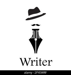 Journalist mit Vector-Logo. Füllfederhalter, Schriftsteller mit Schnurrbart und Hut Stock Vektor