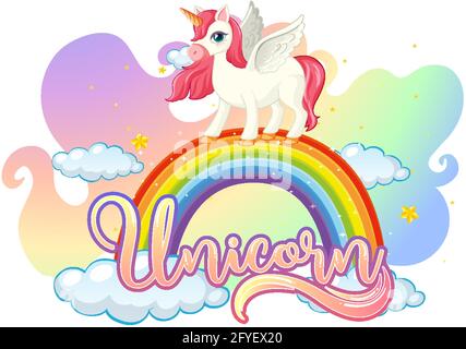 Cartoon-Figur von Einhorn auf Regenbogen mit Einhorn-Schrift stehen Abbildung Stock Vektor