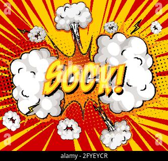 SOCK Text auf Comic Wolke Explosion auf Strahlen Hintergrund Illustration Stock Vektor