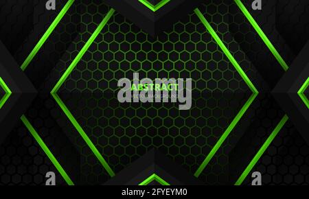 Futuristische Design-Vorlage für abstraktes Gaming-Banner in Schwarz und Grün mit sechseckiger Kohlefaser. Dark Tech hexagonal Konzept Vektor Hintergrund für Spiel Stock Vektor