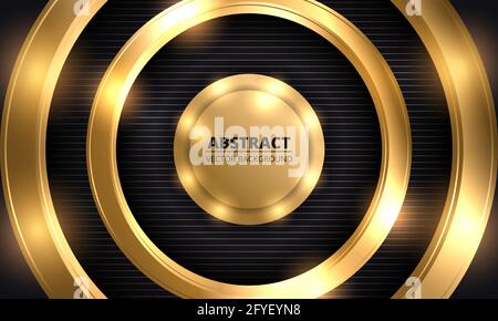 Abstrakter luxuriöser dunkler Vektor-Hintergrund. Dreidimensionale goldene Kreise mit Lichtern auf schwarz gestreiftem Hintergrund. Vektorgrafik EPS 10. Stock Vektor