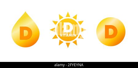 Vitamin D-Symbolsatz. Vitamin D Quellen: Sonne, Nahrung und Nahrungsergänzungsmittel. Gelber Tropfen, Sonnenschein und Pille. Gesundheitliche Vorteile und Immunsystem. Vektor Stock Vektor