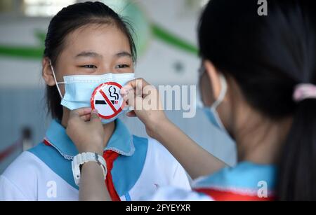 Handan, Handan, China. Mai 2021. Am 28. Mai startete die Chunguang Grundschule im Bezirk Congtai, Stadt Handan, Provinz Hebei, die Themenaktion „eine junge Wache gegen die Einstellung des Rauchens zu sein“, die die Menschen aufforderte, sich vom Tabak fern zu halten und einen gesunden Lebensstil durch Rauchverbotsmasken, handgeschriebene Nichtraucherzimmer, Und Nichtraucher-Performance-Kunst, um ein rauchfreies Wachstumsumfeld für Kinder zu schaffen, um die Ankunft des „Welt-No-Tobacco-Tages“ am 31. Mai zu begrüßen. Quelle: SIPA Asia/ZUMA Wire/Alamy Live News Stockfoto