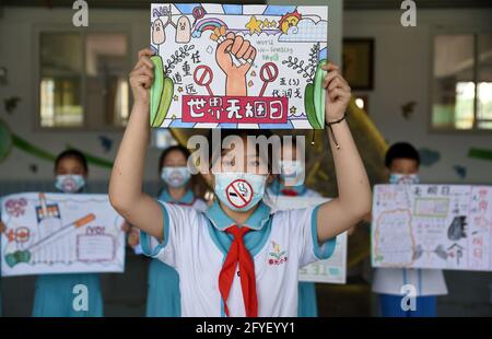 Handan, Handan, China. Mai 2021. Am 28. Mai startete die Chunguang Grundschule im Bezirk Congtai, Stadt Handan, Provinz Hebei, die Themenaktion „eine junge Wache gegen die Einstellung des Rauchens zu sein“, die die Menschen aufforderte, sich vom Tabak fern zu halten und einen gesunden Lebensstil durch Rauchverbotsmasken, handgeschriebene Nichtraucherzimmer, Und Nichtraucher-Performance-Kunst, um ein rauchfreies Wachstumsumfeld für Kinder zu schaffen, um die Ankunft des „Welt-No-Tobacco-Tages“ am 31. Mai zu begrüßen. Quelle: SIPA Asia/ZUMA Wire/Alamy Live News Stockfoto