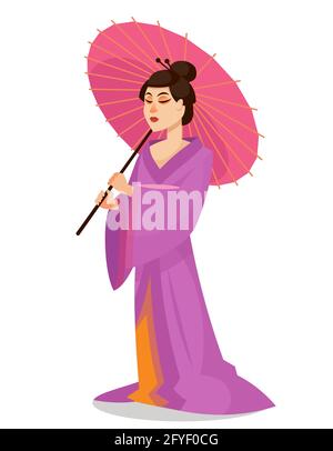 Geisha hält Regenschirm. Weibliche japanische Figur im Cartoon-Stil. Stock Vektor