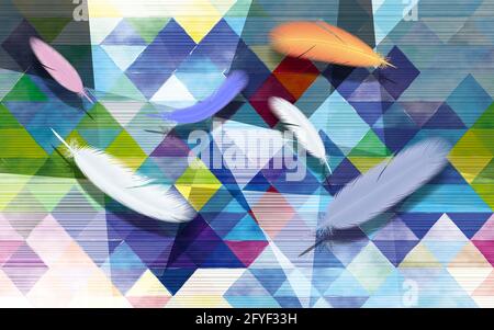 3d-Illustration, heller geometrischer zerknitterter Hintergrund, große mehrfarbige Federn Stockfoto