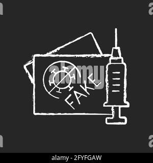 Gefälschte Impfkarte Kreide weißes Symbol auf schwarzem Hintergrund Stock Vektor