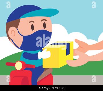 Lieferung Mann Reiten Roller Kurier und hängen über Paket zu Kunde im sonnigen Hintergrund Stock Vektor