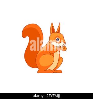 Eichhörnchen, seitlich sitzend, eine Haselnuss vor den Pfoten haltend und davon essend. Heck nach oben. Cartoon-Charakter eines Nagetier Säugetier Tier. Vektor flach Stock Vektor