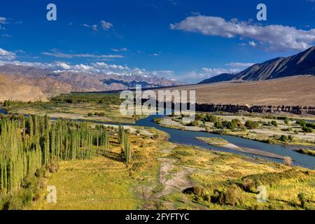 Luftaufnahme von Leh City, grüne Landschaft mit Eisspitzen, blauer Himmel mit Wolken im Hintergrund, Ladakh, Jammu und Kaschmir, Indien Stockfoto