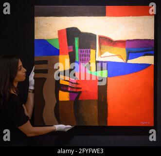 Bonhams, London, Großbritannien. 28 Mai 2021. Bonhams Moderne und zeitgenössische Kunst des Nahen Ostens, einschließlich Baghdadiyat, Verkaufsvorschau. Irakische Meisterwerke aus den Sammlungen Madhloom und Makiya. Der Verkauf findet am 2. Juni 2021 statt. Bild: Dia Azzawi (Irak, geboren 1939). Improvisation II, Schätzung: £20,000-30,000. Quelle: Malcolm Park/Alamy Live News. Stockfoto