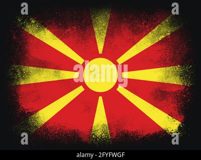 North Macedonia Flag Design-Komposition aus explodiertem Pulver und Farbe, isoliert auf einem schwarzen Hintergrund für den Kopierraum. Farbenfrohe, abstrakte Staubpartikel Stockfoto