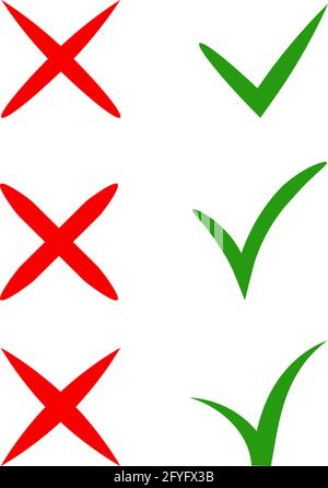 Vektor-stylische Häkchen gesetzt. Grüne Zecke und rotes Kreuz in verschiedenen Formen. JA oder NEIN Akzeptieren und Ablehnen. Vektorsymbole für Internet-Schaltflächen p Stock Vektor