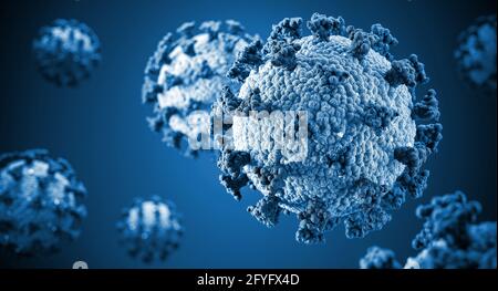 Illustration des Covid-19-Virus in Blautönen. 3d-Rendering. Stockfoto