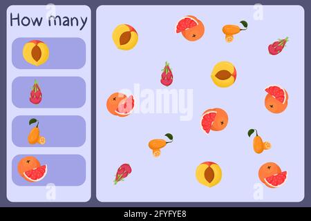Kids mathematische Mini-Spiel - zählen, wie viele Früchte - Nektarine, Drachenfrucht, Kumquat, Grapefruit. Pädagogische Spiele für Kinder. Cartoon Design Vorlage auf bunten Hintergrund. Vektorgrafik. Stock Vektor