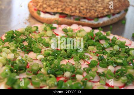 Rundes gesundes Mehrkernbrot mit Frischkäse, Frühlingszwiebelringen und roten Rettichscheiben Stockfoto