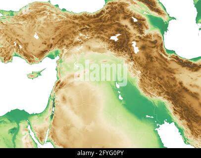 Physische Karte des östlichen Mittelmeerraums, der Staaten und Grenzen, Nordafrikas und des Nahen Ostens. Berge, Seen und Ebenen. Syrien Stockfoto