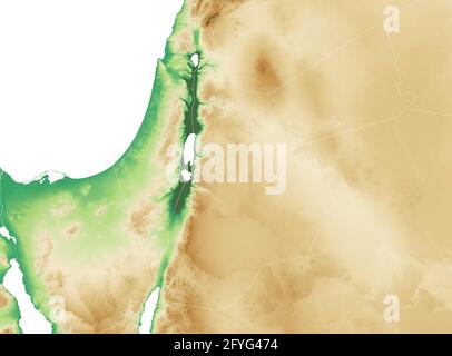 Physische Karte des östlichen Mittelmeerraums, der Staaten und Grenzen, Nordafrikas und des Nahen Ostens. Berge, Seen und Ebenen. Israel Stockfoto