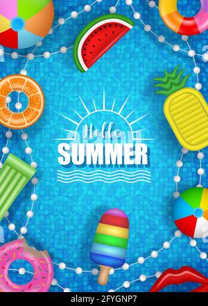 Hallo Sommer Poster mit bunten aufblasbaren auf Pool Wasser Hintergrund Stock Vektor