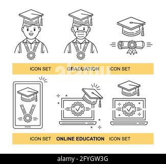 Online-Fernunterricht, Abschluss-Symbol-Set. Internetkurs Schulen. E-Learning zu Hause. Videounterricht. Bildschirm Laptop, Telefon, Student. Vektor Stock Vektor