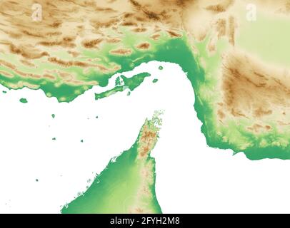 Straße von Hormuz. Karte des Nahen Ostens, des Persischen Golfs und des Indischen Ozeans, die über die Straße von Hormuz verbunden sind. Satellitenansicht des Iran, VAE Stockfoto