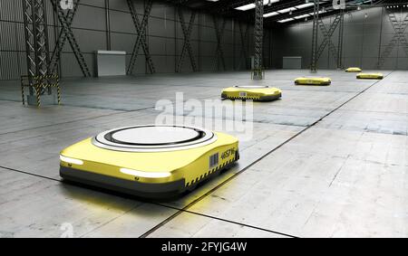 Gelbe autonome Roboter im Lager - 3D-Abbildung Stockfoto