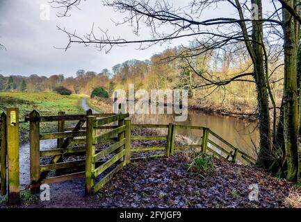Tor, das zum Fluss führt Spaziergang am Ufer des Coquet River in Warkworth, Northumberland Stockfoto