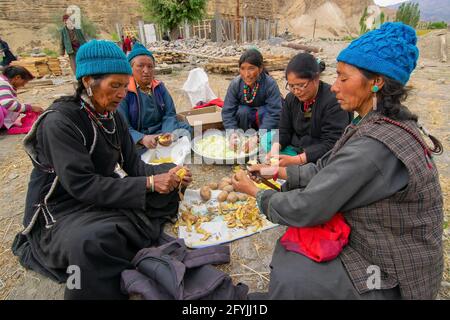 Mulbekh, Ladakh, Indien - 2nd. September 2014 : Ladakhi Stammesfrauen in traditionellen Kleidern schneiden Gemüse für die Zubereitung von Lebensmitteln für religiöse Feste Stockfoto