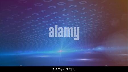 Zusammensetzung der binären Codierungsverarbeitung auf violettem Hintergrund Stockfoto