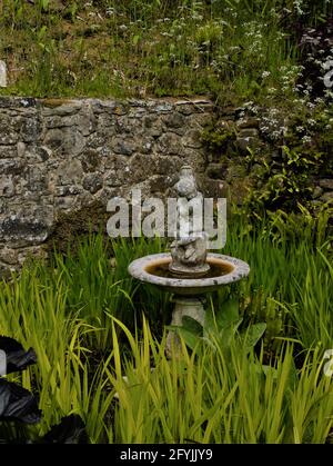 Ornamentales Vogelbad mit Skulptur Mottistone Gardens, Isle of Wight, Großbritannien Stockfoto